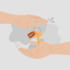 Close-up illustration of one hand handing over keys to another hand.
