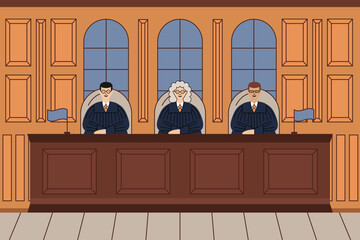 Courtroom illustration featuring three judges seated behind a large desk, symbolizing justice, authority, and legal decision-making.