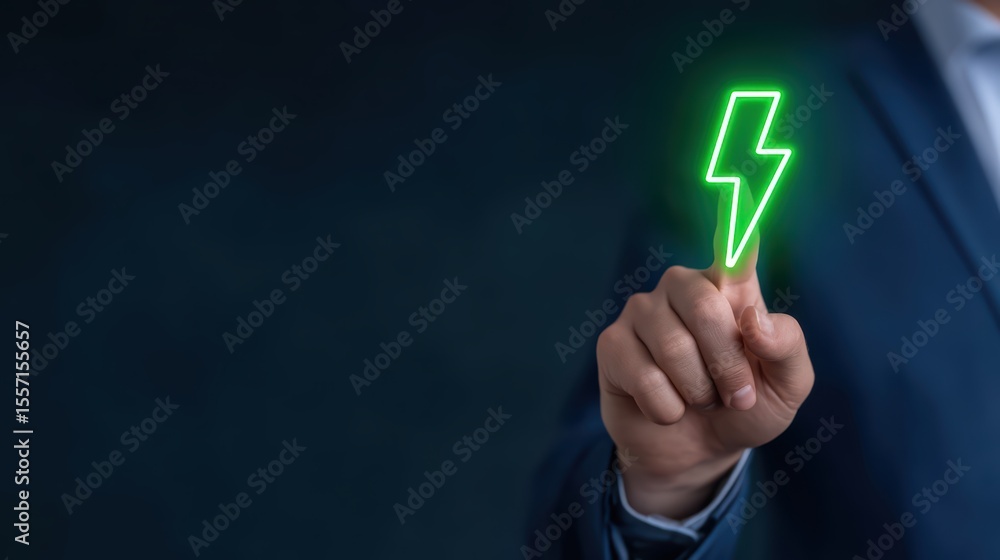 Poster hand gesturing with a green lightning bolt symbol against a dark background in a business setting