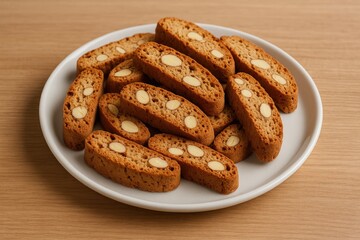 Freshly baked almond biscotti cookies displayed on a table