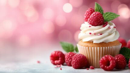 Creamy Vanilla Cupcake Topped with Raspberries and Mint, a Sweet Delight