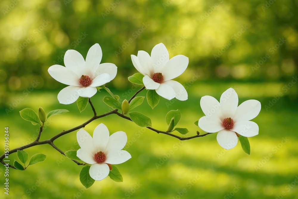 Poster close-up of a siebold's magnolia branch in bloom during spring in a garden setting.