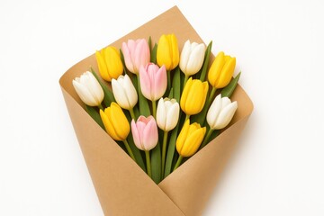 An arrangement of colorful tulips wrapped in paper on a plain white background