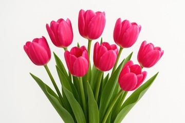 Fototapeta premium Vivid pink tulip cluster showcased in detailed close-up against a plain white backdrop