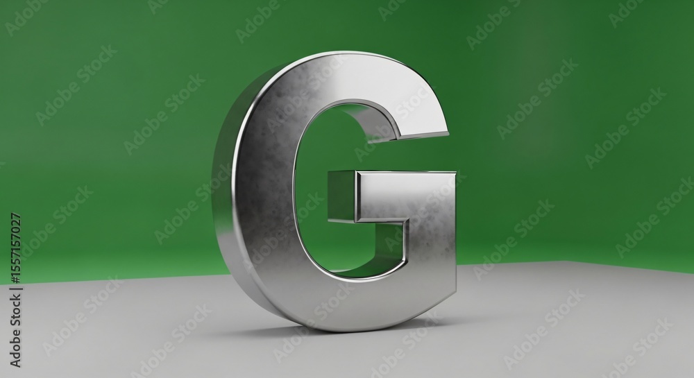 Fototapete a shiny silver letter g standing on a white surface with a green background in a studio setting