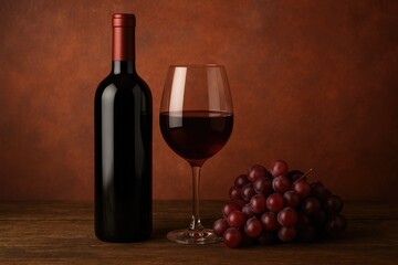 Obraz premium A glass and bottle of crimson wine accompanied by fresh grapes