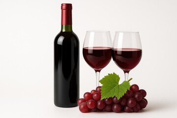 Obraz premium Wine bottles and glasses alongside ripe grapes on a white background