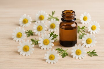 Aromatic oil container surrounded by vibrant chamomile blossoms on a soft wooden surface