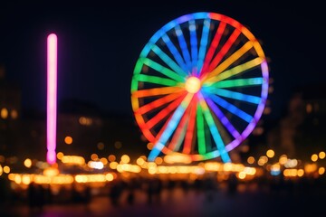 Nighttime scene featuring a vibrant, illuminated giant wheel at a festival with colorful neon lighting on the side