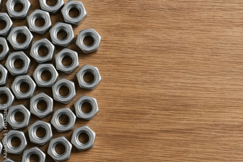 Poster close-up of multiple screw nuts with selective focus on wooden surface and blank space