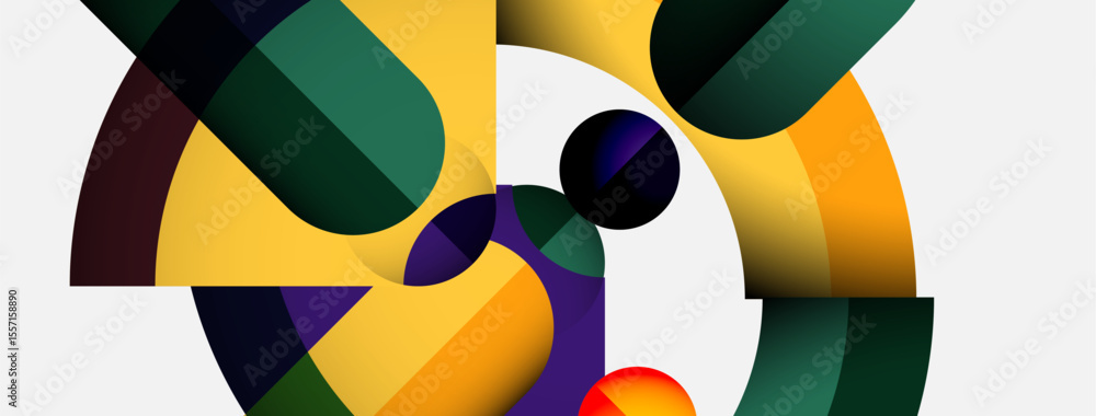 Poster Abstract composition featuring overlapping colorful shapes. Circles, curves, triangles create dynamic visual interplay. Modern design, vibrant hues.