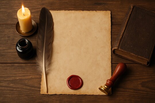 Antique writing setup featuring aged parchment, a wax seal, quill, inkpot, candle, and vintage book arranged on a wooden surface from a top perspective