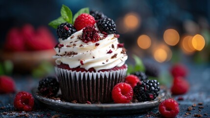 Decadent Red Velvet Cupcake, Creamy Frosting, Raspberries, Blackberries, Chocolate Shavings, Delightful Treat