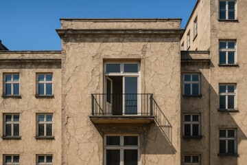 Naklejka premium A solitary apartment featuring large windows and an open balcony, set against a weathered, cracked exterior wall with neighboring units and a bright blue sky backdrop