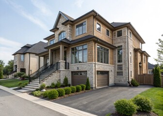 A modern split-level house with multiple staggered floors connected by short staircases.