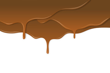Brown melted chocolate or caramel drips downward in a flow against a white background