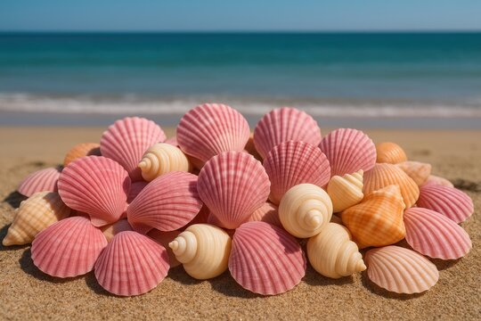 Sea shells gathered along a coastal shoreline