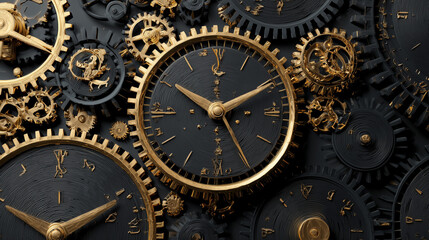Black gold clock gears mechanism, abstract background, time concept, website banner