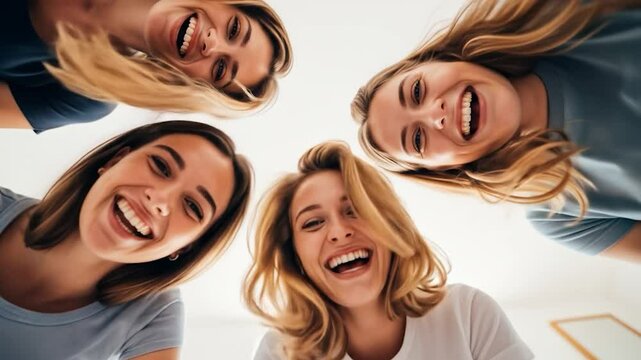 Four young women laugh together, looking down at the camera in a display of friendship and joy