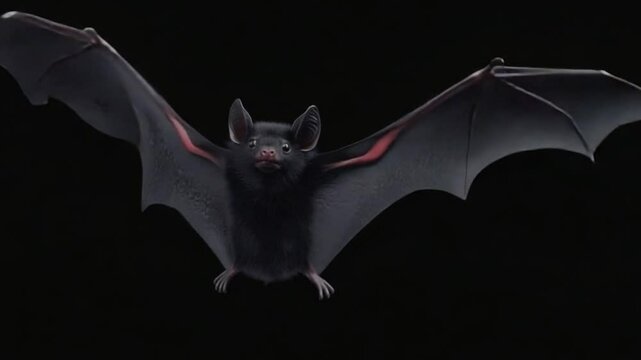 A close-up view of a bat in flight against a black background showcasing its wings and facial features