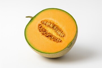 Halved melon on a plain white backdrop