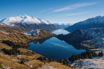 Obraz premium Experience winter magic with snowy peaks, mirrored lakes, and breathtaking vistas from a renowned mountain range on the southern island of Oceania