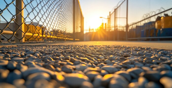 Gravel ground texture at sunset with chain link fence - Powered by Adobe