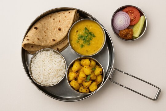 Common stainless steel lunch container featuring traditional Indian meal with chapati, lentils, rice, vegetable side dishes, salad, and pickle