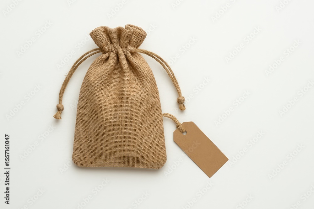 Poster top-down view of a rustic burlap sack with a label on a white background