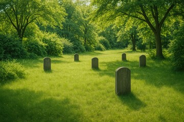 Shrubs and woodland surroundings with memorial stones
