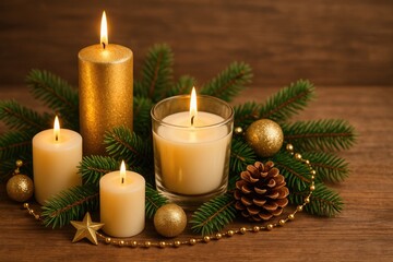 Festive holiday setup featuring candles, seasonal ornaments, and evergreen sprigs on a rustic wooden surface.