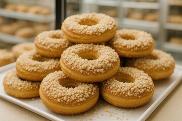 Ring-shaped filled cakes topped with sugar crumbs displayed in a shop window