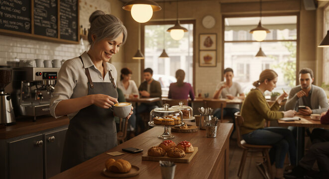 Cafe scene with server and patrons