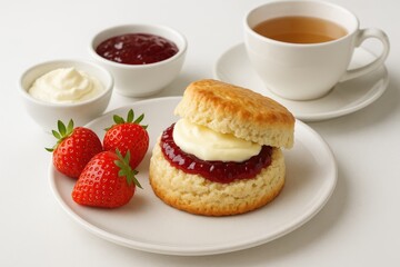 Delicious butter scone served with fruity raspberry jam and rich clotted cream