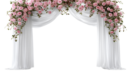 Elegant floral arch with pink roses and drapes.