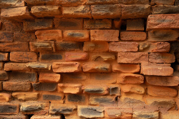 Close-up shot reveals the rugged texture and varied earthy tones of an old brick wall, showcasing significant signs of age and weathering.