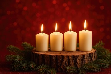 Festive holiday arrangement featuring four lit candles atop a rustic wooden surface, encircled by lush pine branches against a warm red bokeh backdrop, capturing the spirit of Christmas and New Year