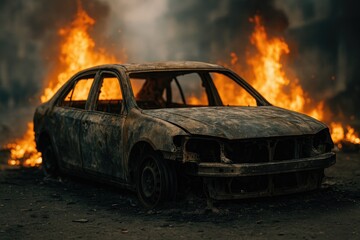 Destroyed vehicle against an abstract backdrop, with focal emphasis, highlighting global protests and unrest