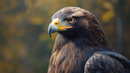 Obraz premium A close-up of an eagleâ€™s face highlights its curved beak and intense golden eyes with a blurred forest landscape behind