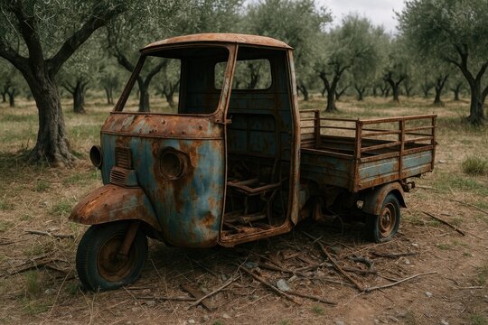 Abandoned three-wheeler wreckage in an olive orchard exemplifies neglect, environmental harm, and unlawful actions.