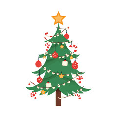 Festive Christmas Tree with Candy Canes Baubles and Lights in Winter Snow Background Vector Art