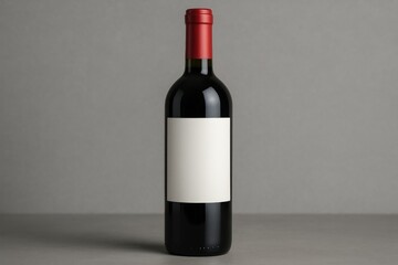 Close-up of a full wine bottle against a neutral grey backdrop