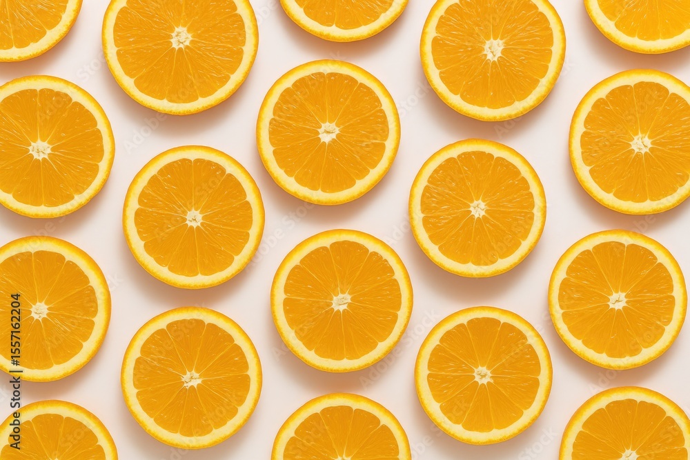 Poster vivid orange slices arranged in a fruit pattern on a plain white backdrop seen from above