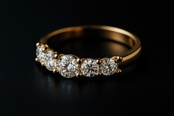 Elegant macro shot of a gold band embellished with shimmering diamonds, contrasted by a dark backdrop that highlights the gemstones' sparkle.