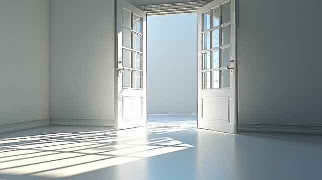 Open double doors in a white room with sunlight casting shadows on the floor