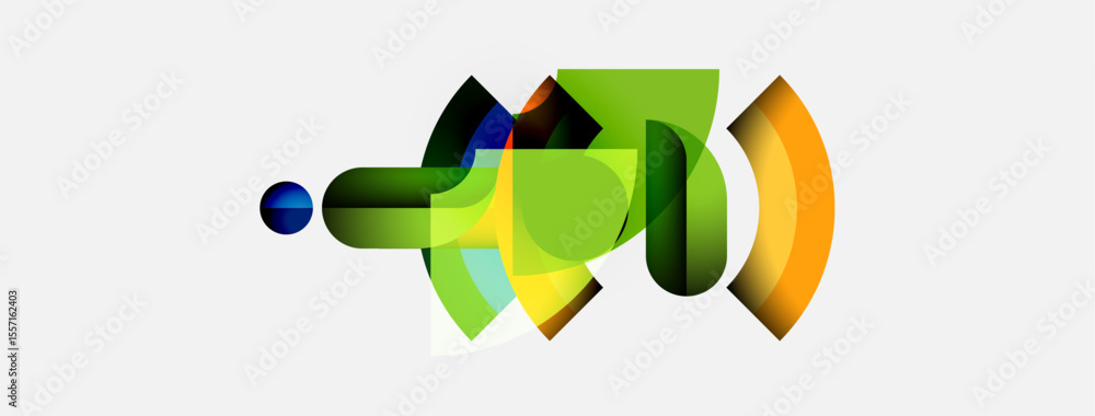 Poster abstract colorful shapes overlap, creating dynamic visual composition. green, yellow, blue hues domi