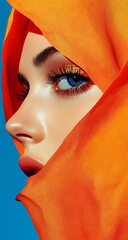 A close-up portrait of an elegant woman wearing a yellow hood that covers her hair, set against a vibrant blue background, highlighting her graceful features and serene expression.