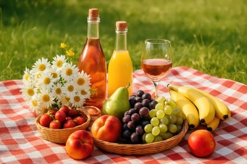 Summer family outing with fruits and beverages on a picnic tablecloth