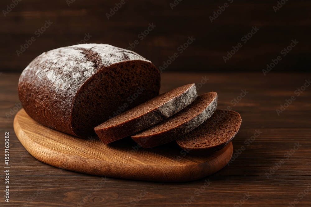 Poster handcrafted dark bread made with white flour, sliced and arranged on wooden surface. macro shot with