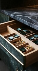 A detailed close-up view of the interior of an open wooden drawer, highlighting its craftsmanship, natural wood grain, smooth finish, and textured design.